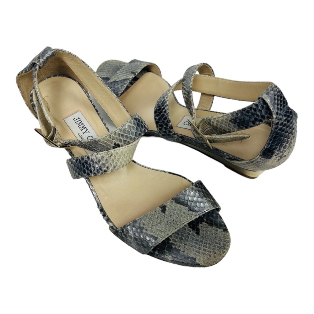 Jimmy Choo Gray Snake Print Womens Strap Platform Peep Toe Heels‎ Size 38.5